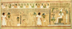 Figure 17. Judgment in the Hall of Double Justice: the deceased addresses the Negative Confession to the 42 judges and Anubis weighs the heart against a feather, Maat, to verify the truth of the confession while Ammit, the Devourer, crouches and drools, waiting to eat the soul of anyone found unworthy. Thoth records the positive verdict and Horus leads the Justified to the throne of Osiris, who welcomes him into Eternity. Before Osiris are the Four Sons of Horus; behind, Isis and Nephthys.