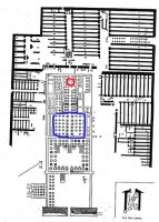 Plan A Floor plan Ramesseum ( James Quibell 19th century) The red outline marks the location of the inner sanctuary while the blue outline marks the Hypostyle hall.